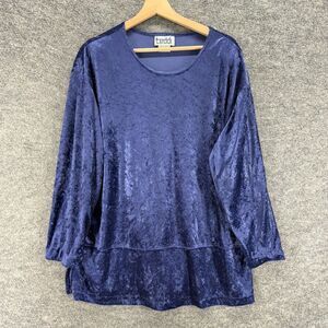 Teddi Blouse Women 1X Plus Blue Velvet Long Sleeve Round Neck Pullover Casual